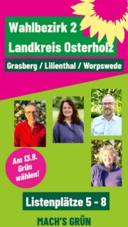 Für den Wahlbezirk Grasberg/Lilienthal/Worpswede wurden aus allen Gemeinden 8 Kandidat*innen gewählt. Hier sind die Plätze 5-8. Mehr in Kürze auf unserer Homepage.
Wir stehen für gesellschaftlichen Fortschritt und technologische Innovationen, wo sie dem Menschen nutzen.
#grüne #wahl #grasberg #lilienthal #worpswede