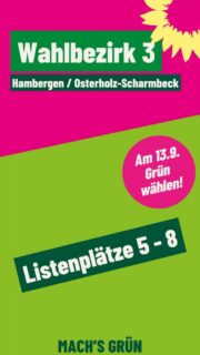 Unsere Kandidat*innen auf den Plätzen 5-8 im Wahlbezirk 3, das ist Hambergen und Osterholz.
Für eine klimagerechte, soziale Stadtentwicklung mit Technik von morgen für ein gutes Leben.
Folgt diesem Kanal. Wählt GRÜNE.
#osterholz #grüne #wahl #spd #technologie
