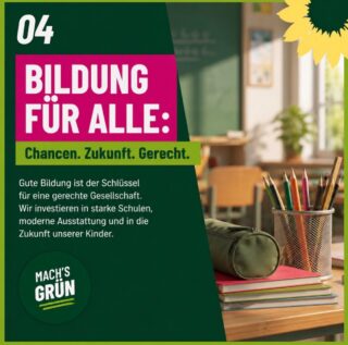 📚 Punkt 04: Bildung, die Zukunft schafft.

Gute Bildung darf nicht vom Wohnort oder Geldbeutel abhängen. Wir wollen moderne Schulen, gute Lernbedingungen und echte Chancen für alle Kinder und Jugendlichen im Landkreis Osterholz. 💚

Denn wer in Bildung investiert, investiert in unsere Zukunft. 🌻

#MachEsGrün #GRÜNE #Osterholz #bildung
