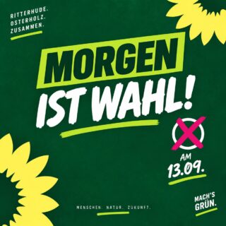 Morgen ist Wahltag! 🌻💚

Wir sind ein Team. Wir haben viele unterschiedliche Perspektiven, aber ein gemeinsames Ziel: einen lebens- und liebenswerten Landkreis Osterholz, in dem wir gerne miteinander leben.

Für Klima- und Naturschutz, gute Bildung, soziale Gerechtigkeit, Mobilität für alle, Gesundheit und Pflege, Kultur und Ehrenamt, Tierschutz, Barrierefreiheit und starke Kommunen.

Morgen zählt eure Stimme. Macht’s grün! 💚🌻
